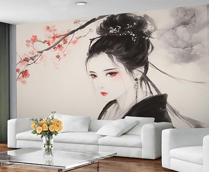 Asian Woman Wall Mural, Oriental Japanese Woman 3D Wall Murals, Ink Style Art Wallpaper Mural, for Living Room Bedroom Large Wallpaper Indoor Decor 157.5" W x110.3 H
