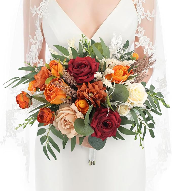 Rinlong 16 Inch Wedding Bouquets for Bride Fall Burgundy & Terracotta Roses, Dahlias, Peonies, Greenery Bouquet for Wedding, one, Boho