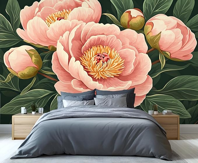 Peony Flower Wall Mural, Retro Pink Peony Flower 3D Wall Murals, Romantic Garden Theme Wallpaper Mural, for Living Room Bedroom Large Wallpaper Indoor Decor 169.3" W x118.2 H