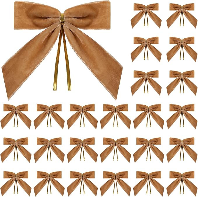 24 Pcs Camel Small Velvet Christmas Bows for Christmas Tree, Wreath, Gift Wrapping, Crafts, Wedding, Party, Twist Tie Bows for Treat Bag Bakery Candy Bags, Home Decor 1" W,3.5 x 3.5 inch