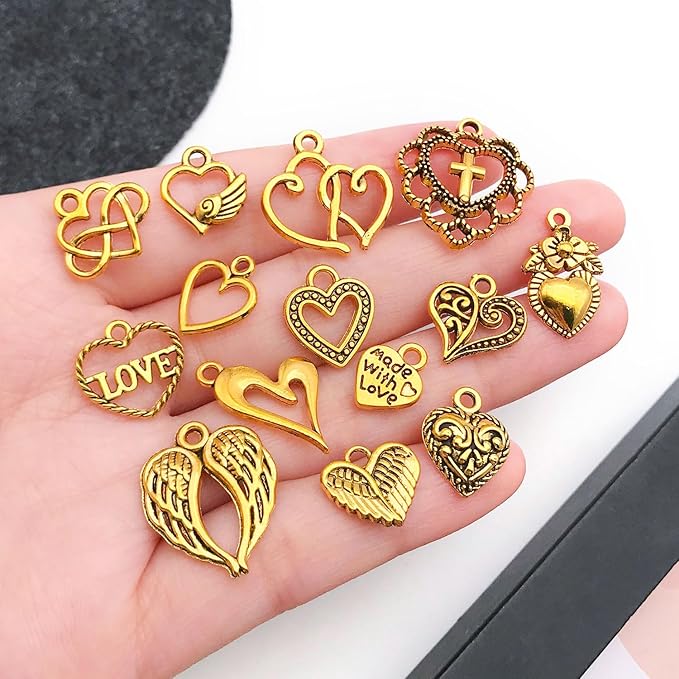 WOCRAFT 60pcs Antique Gold Heart Valentine's Day Wedding Charms for Jewelry Making Sets DIY Necklace Bracelet Keychain Crafting Charms Kit Craft Supplies (SN918)