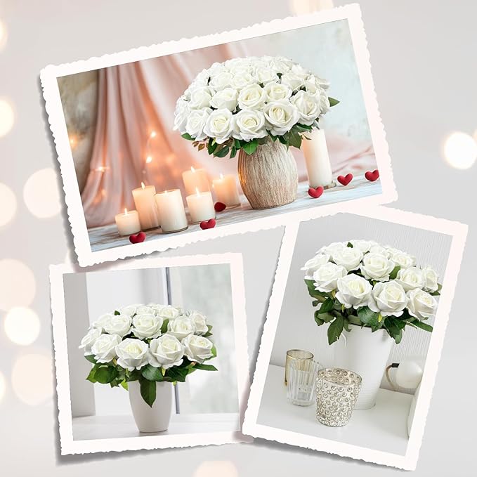 Wondrus Bulk Artificial Flowers 50 PCS, Fake Velvet Silk White Roses with Long Stems Realistic Bouquet for Wedding Centerpieces, Faux Arrangement for Home Table Decor