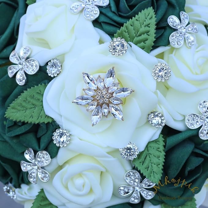 Lightweight Bridal Wedding Bouquet Round Holding Bouquet Throw Toss Artificial Rose Flower Bunch for Bride Bridesmaid Wedding Quinceanera (Cream & Dark Green, 7.9")