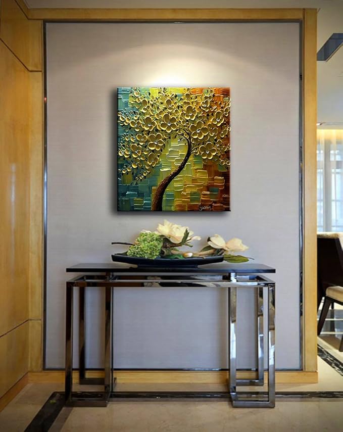 YaSheng Art - 3D Oil Paintings On Canvas Golden Flowers Tree Paintings Abstract Artwork Wall Art For living Room,Dinning Room Home Decor Framed Stretched Ready to Hang 24x24inch