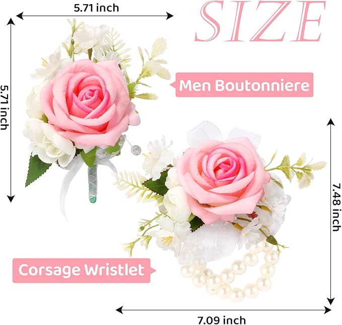 Wrist Corsage and Boutonniere Set, Artificial Rose Corsage Wristlet and Boutonniere for Wedding Prom Party (Pink, 2pcs)
