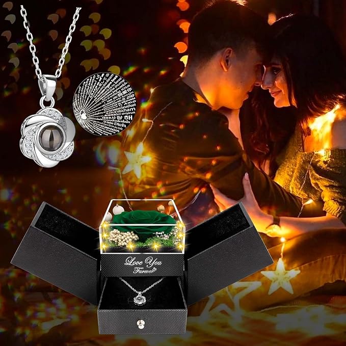 Preserved Green Real Rose-Eternal Flowers Rose Gifts for Mom Grandma Wife Girlfriend on Mothers Day Birthday Valentines Christmas Anniversary Romantic Gifts for Her with I Love You Necklace