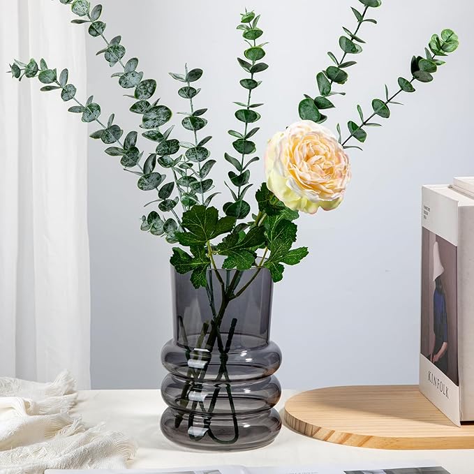 Grey Large Glass Vase for Flowers, 7" H x 4.7" W Flower Vases Decorative Wide Mouth Vase Vintage Glass Vases for Centerpieces Mantel Shelf Table Home Decor