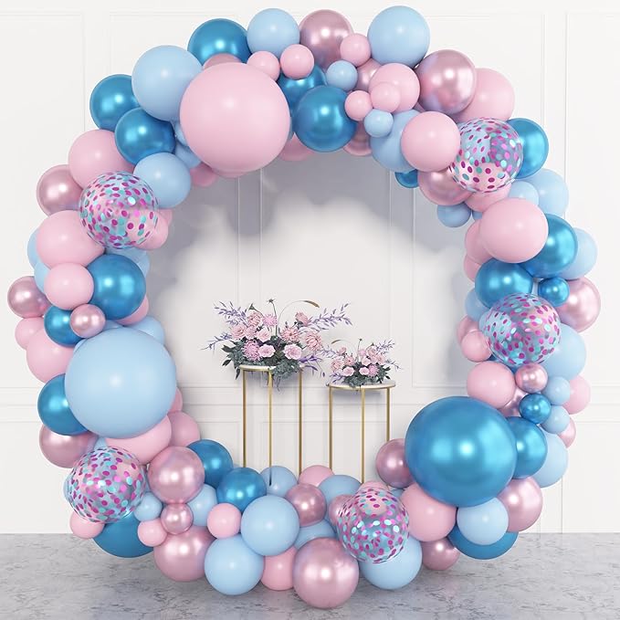 Amandir 153pcs Pink Blue Balloon Garland Arch Kit, Different Sizes 18 12 10 5 inch Metallic Pink Blue Latex Confetti Balloons for Boy Girl Gender Reveal Neutral Baby Shower Birthday Party Decoration