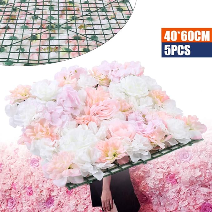 Eapmic 16"x 24" Artificial Flower Wall Panels,Flower Wall Mat Silk Flower Panels for Outdoor Garden Backyard Fence Fence Privacy Screen and Indoor Wall Decor (5Pcs Light Pink+White)