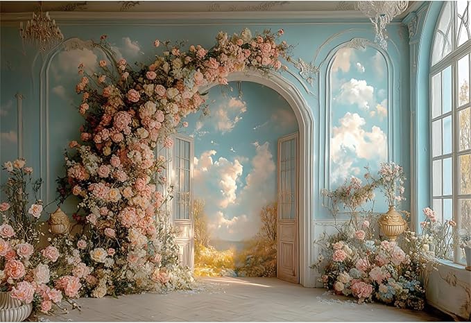 Baocicco 5x3ft Floral Wall Photography Background Romantic Style Arch Door Oil Painting Flowers Photo Background for Women Wedding Party Banner Supplies Girls Birthday Decorations Photoshoot Studio