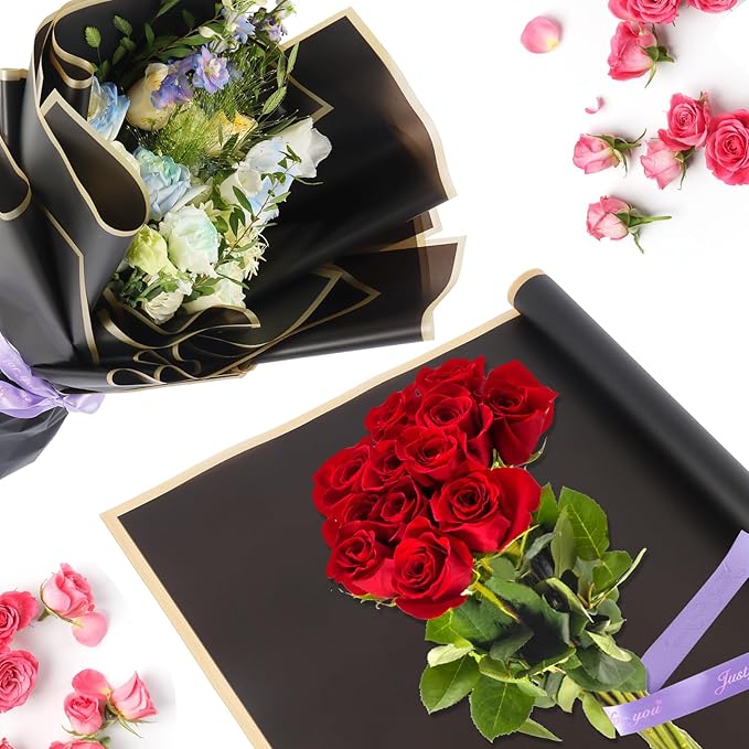YIDATIKER 20 sheet Flower Wrapping Paper,waterproof floral wrapping paper for bouquets,DIY Florist Supplies Packaging Paper with satin ribbon for Wedding,Birthday,Valentine's Day(Black)