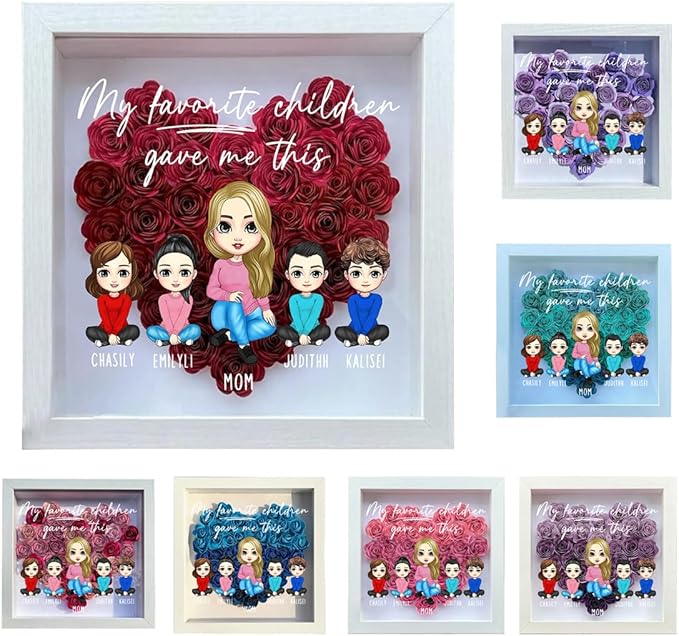 Personalized Mom Flower Shadow Box Custom Heart Shaped Rose Flower Shadow Box Frame My Favorite Children Gave Me This Mother's Day Portrait Shadowbox Memory Gifts for Mom from Daughter Birthday