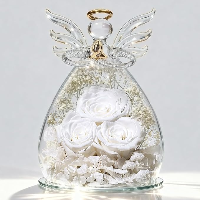 Beferr Christmas Birthday Gifts for Women, Mom Gifts for Christmas Fresh Flowers for Delivery Prime Forever Preserved Rose in Glass Angel Figurine Xmas Gifts for Grandma Wife Sister Her, White