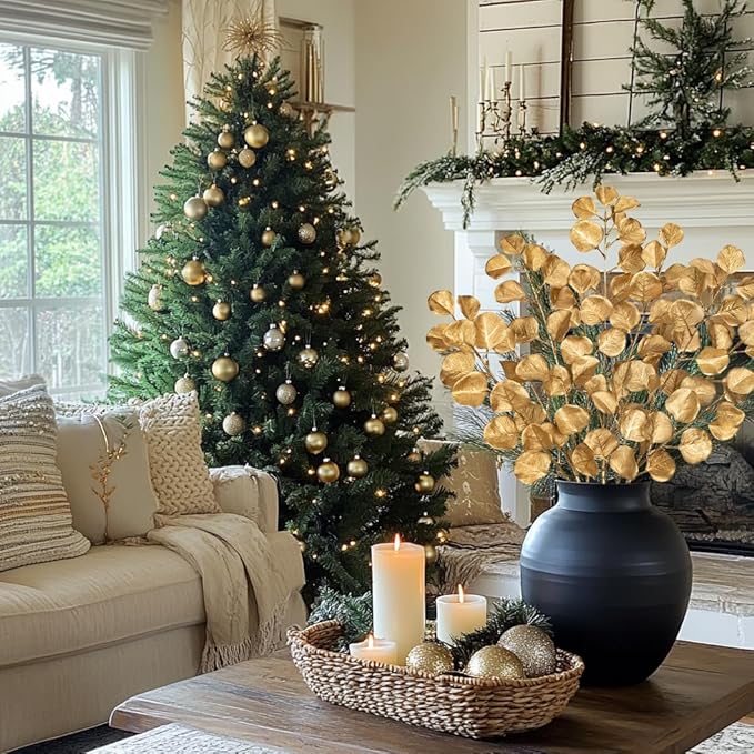 Hollyone 32” Christmas Tree Picks and Sprays 3Pcs Gold Artificial Eucalyptus Stems Eucalyptus Leaves Branches Fake Gold Leaf Floral for Vase DIY Xmas Tree Garland Wreath Centerpieces Wedding Decor