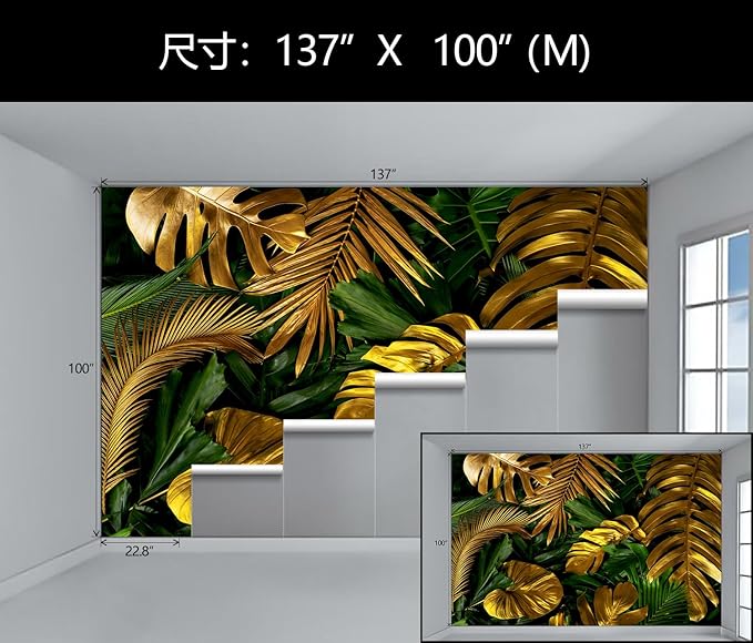WFBHUA-Green and Gold Palm Leaf Wallpaper Peel and Stick Tropical Jungle Self Adhesive Wall Mural for Living Room Bedroom 137"x100"