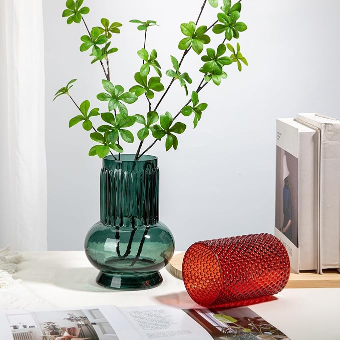 Blue Green Large Glass Vase for Flowers, 7" H x 3.5"/4.7" W Ribbed Vase Modern Wide Mouth Vase Flower Vases Decorative Glass Vases for Centerpieces Mantel Shelf Table Home Decor