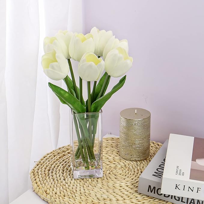 Briful Fake Flowers Artificial Tulip Flower White in Clear Vase, Real Touch Foam Tulip Arrangement Suitable for Home Office Decoration, Dining Table Centerpiece