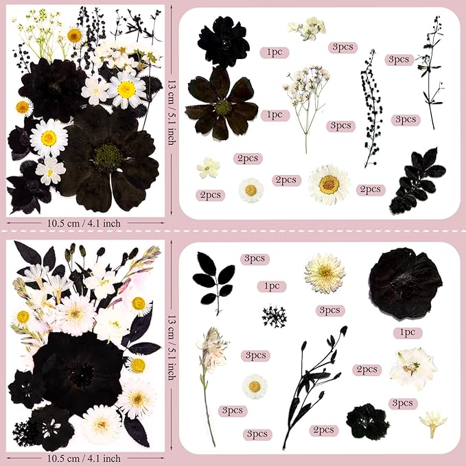 95 Pcs Black Pressed Dried Flowers for Resin, Real Natural Bulk Dry Wildflowers Leaves Perfect for Epoxy Molds, DIY Crafts, Soap Candles Jewelry Making, and Home Decor