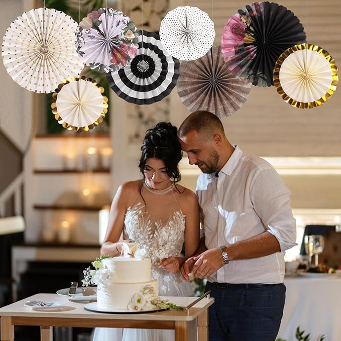 zilue Paper Fans Party Decorations Paper Flowers Decorations for Wall Classroom Floral Backdrop Baby Shower Birthday Party Flower Wall Decor Pack of 8 Vintage Black Ivory