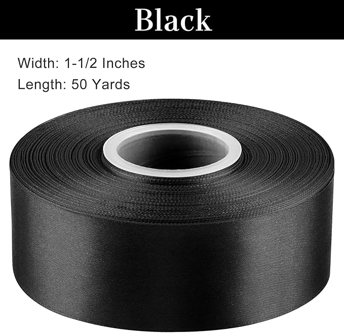 1-1/2 Inches 50 Yards Black Satin Ribbon, Solid Fabric Ribbon Roll for Flower Bouquets, Gift Wrapping, Wedding, Handmade Crafts