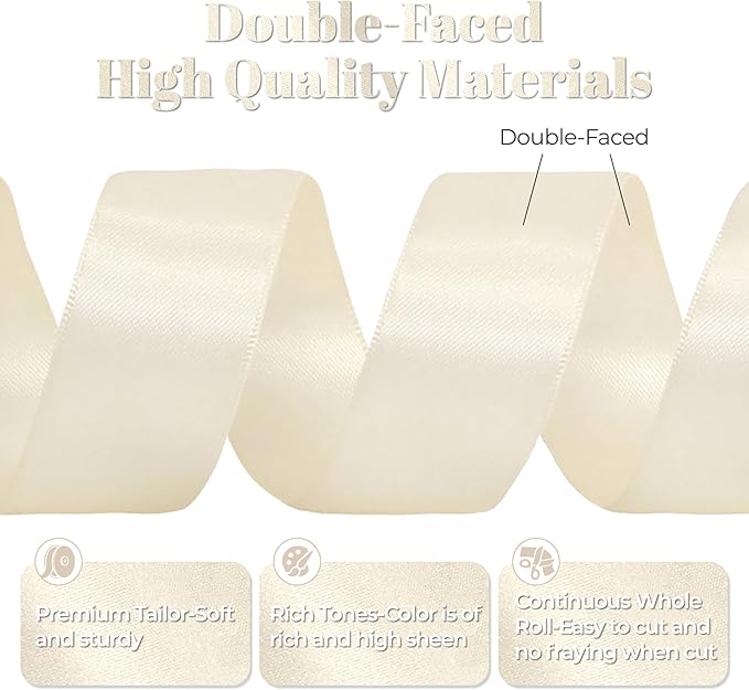 Cream Satin Ribbon, Double Faced 1 Inch X 25 Yards Cream Ribbon, Premium Satin Ribbon for Gift Wrapping, Crafts, Hair Bow Making, Sewing, Flower Bouquet, Wedding Party Decor