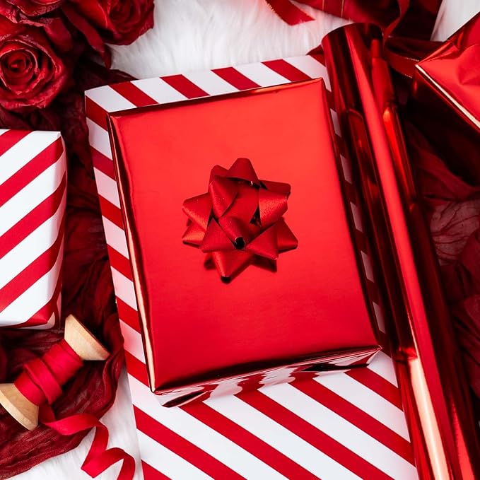 Merture Red Wrapping Paper Roll Reversible - 17 In X 32.8 Ft(46.5 sq.ft.) Metallic Red and Stripe Design Gift Wrap for Christmas, Mothers Day, Wedding, Birthday, Valentines Day, Bridal Shower