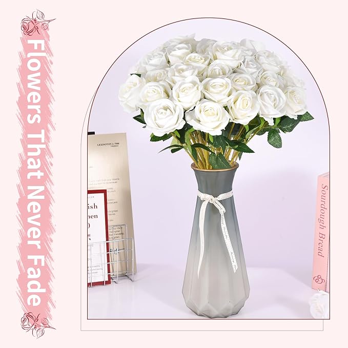 102 PCS White Roses Artificial Flowers, Fake White Roses Bouquet,White Artificial Silk Roses with Stems for Wedding Flowers Decoration, Valentines Day Mothers Day, Bridal Bouquet Roses