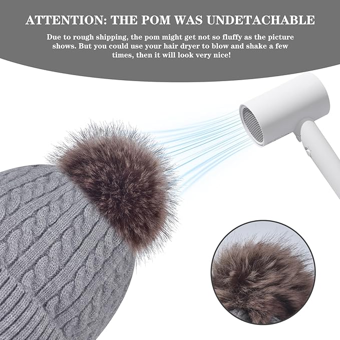 FENELY Women's Knitted Warm Beanie Winter Hat, Warm Chunky Snow Hat with Pompom