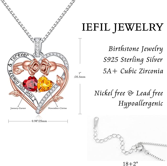 Iefil Rose Heart Double Birthstone Necklace Gifts for Wife Her Mom Women, Birthstone Jewelry Gemstone Birthday Gifts for Girlfriend Grandma Her Wife Women