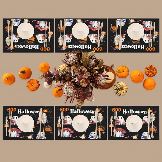 Halloween Ghosts Pumpkin Cute Placemats Set of 4 PVC Vinyl Non Slip Table Mats Heat Resistant Place Mats Washable Wipeable Dining Table Mat for Kitchen Decor Party Indoor Outdoor Decorative Gift