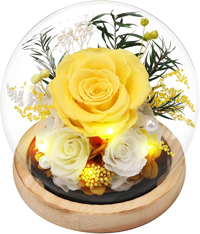 Preserved Roses Flowers for Delivery, Yellow Forever Flores in Glass Dome for Women Mom Grandma Wife Girlfriend, Eternal Rose Anniversary Birthday Gift for Valentines Mothers Day Christmas