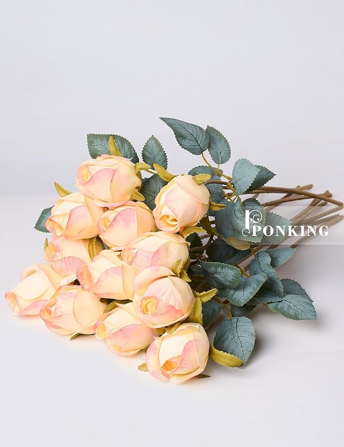 Rose Artificial Flower Buds 12pcs Realistic Faux Silk Roses Fake Flowers Bouquets Arrangements Decor for Wedding Spring Mother's Day, Home Table Decorations, Yellow Flower