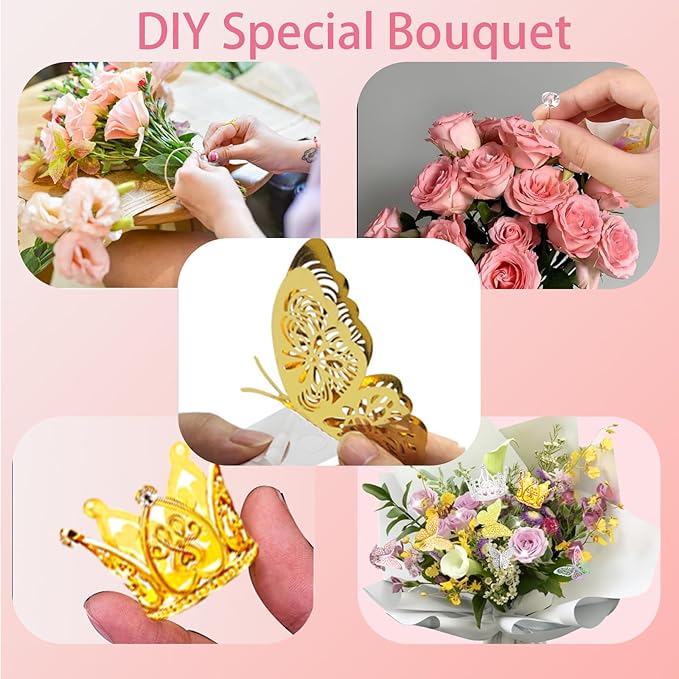 DNSGOOR 548Pcs Flower Wrapping Paper Kit with 200Sheets Waterproof Bouquet Wrapping Paper Decor Crowns 3D Butterfly Bouquet Pins Ribbons for Valentines Graduation Birthday Home Party