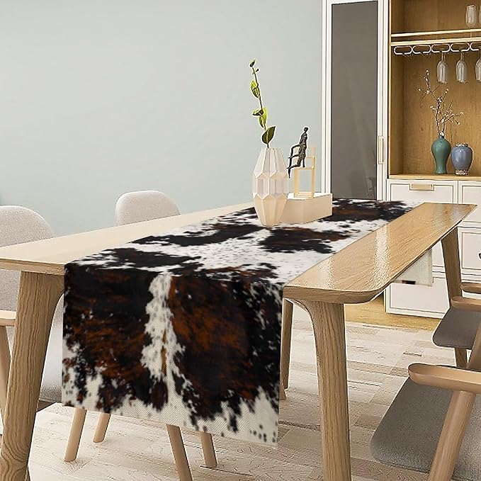 Cow Print Table Runner, Black White Cowhide Print Western Style Table Runner Country Farmhouse Cottage Cow Patten Table Decoration for Home Kitchen Dining, 13x120 Inch