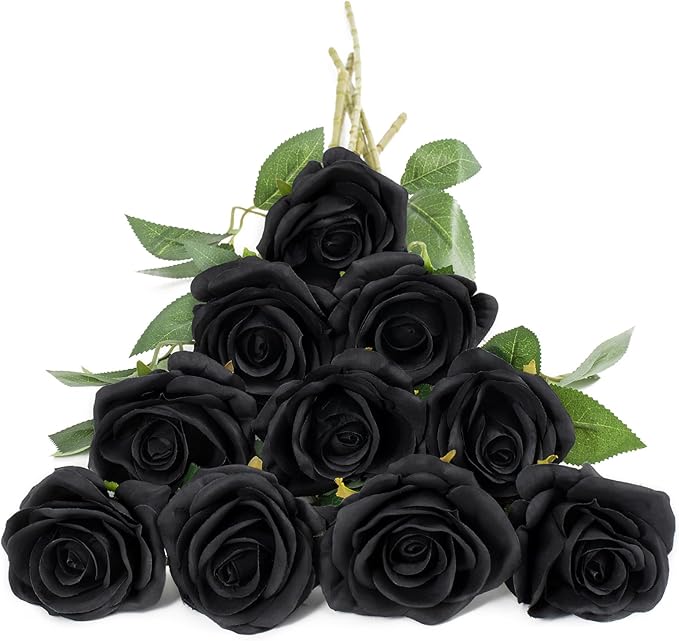 DuHouse 10pcs Fake Black Roses Artificial Silk Flowers Faux Rose Flower Long Stems Bouquet for Arrangement Wedding Centerpiece Party Home Kitchen Decor (Black)
