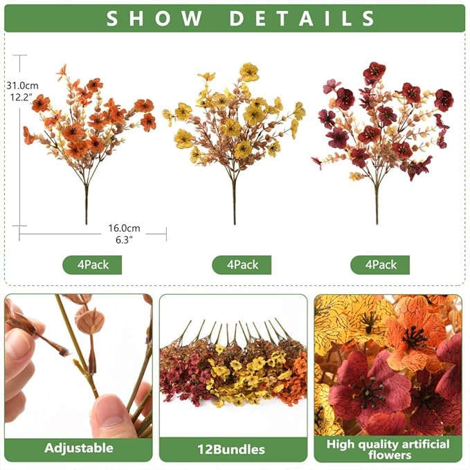 INQCMY Artificial Fake Fall Plants Flowers for Outdoor Outside Decoration,12 Bundles Faux Silk Colorful Daisy UV Resistant Look Real No Fade for Front Door Porch Patio Yard Balcony Autumn Decor