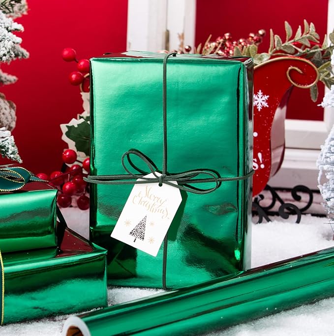 Merture Metallic Dark Green Wrapping Paper Roll - 17 In X 32.8 Ft(46.5 sq.ft.) with Grid Cutting Lines