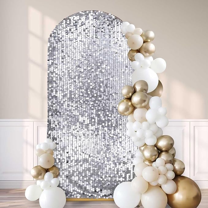 Fanqisi Big Payette Sequin Arch Covers: 7.2FT Arch Backdrop Cover Silver Shimmer Fabric Cover for Party Baby Shower Decorations