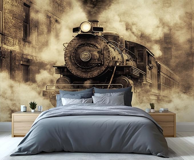 Vintage Steam Train Wall Mural, Industrial Train Engine 3D Wall Murals, Retro Railway Steam Engine Wallpaper Mural, for Living Room Bedroom Large Wallpaper Indoor Decor 98.4" W x68.9 H