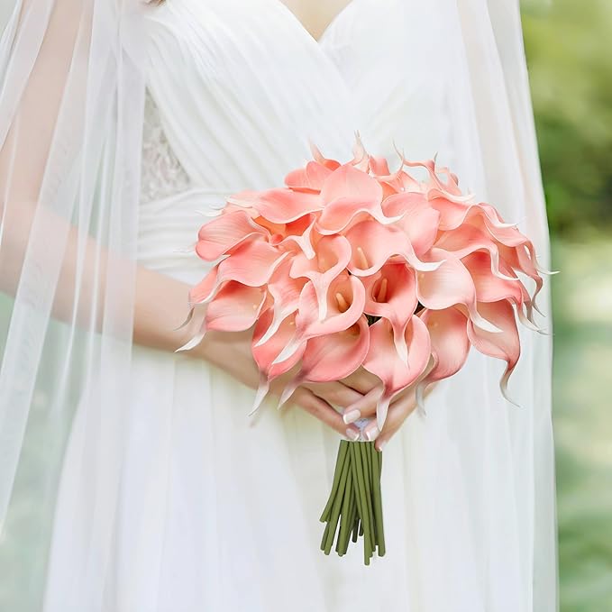 24 Pcs Pink Artificial Calla Lily Flowers Fake Pink Silk Flowers Real Touch for Wedding Bouquet Office Home Kitchen Decor