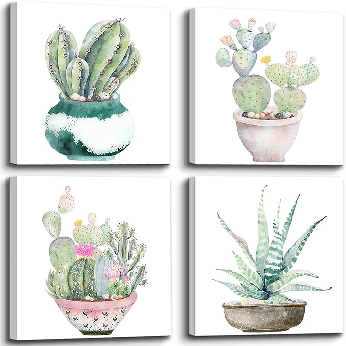 Succulent Plants Bathroom Decor Wall Art, Green Cactus Pictures Canvas Print, Botanical Paintings for Bedroom Living room Office Decoration - 16" X 16"