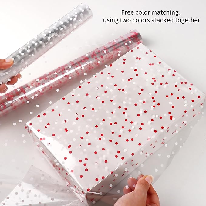 CMFYHM 8 Rolls clear Cellophane Wrap Roll (34 in x 16.4 ft x 8 Colors) Extra Wide Transparent Polka Dots Cellophane Wrapping for Gift Baskets,Flowers, DIY Craft,Baby Shower, Easter,Christmas
