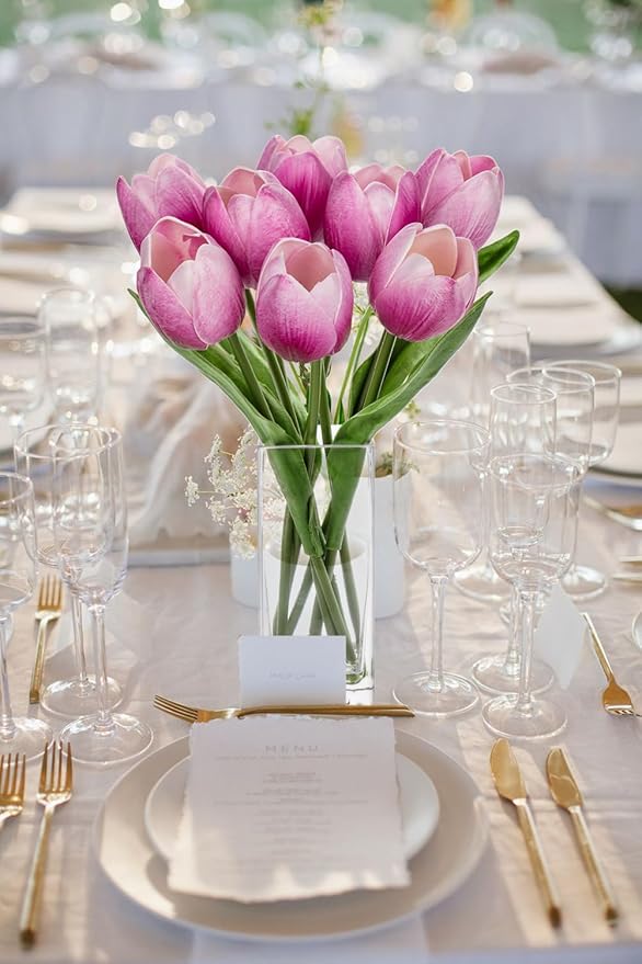 Briful Fake Flowers Artificial Tulip Flower in Clear Vase, Purple Real Touch Foam Tulip Arrangement Suitable for Home Office Decoration, Dining Table Centerpiece