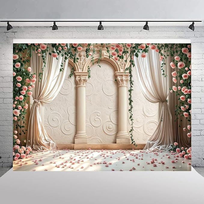 Wedding Party Backdrop, Floral Grass Wall White Sheer Curtain Flower Arch Photography Background, Greek Rose Wall Arch Lover Marriage Proposal Bridal Reception Photo Booth Props Banner 5x3ft