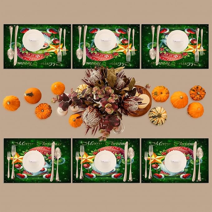Xmas Christmas Green Santa Claus Placemats Set of 4 PVC Vinyl Non Slip Table Mats Heat Resistant Place Mats Washable Wipeable Dining Table Mat for Kitchen Decor Party Indoor Outdoor Decorative Gift