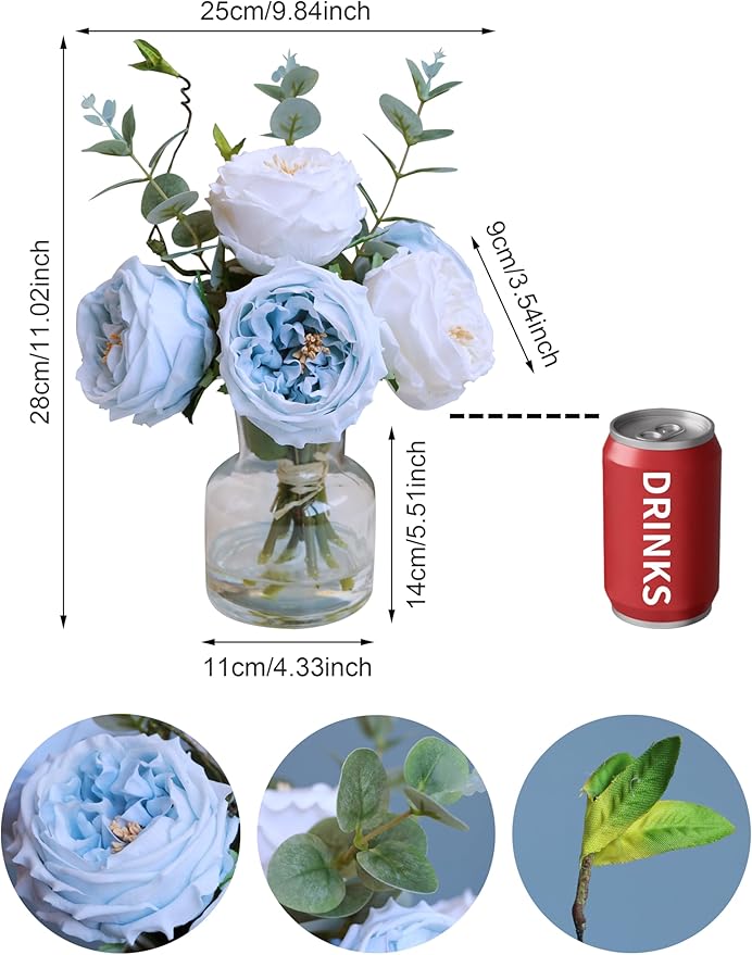 Forlaoers White Blue Roses Floral Artificial Flowers with Vase Silk Flower Arrangements in Fake Water Fake Flower Bouquet Centerpieces for Dining Center Table Decor Home Farmhouse Office Decorations