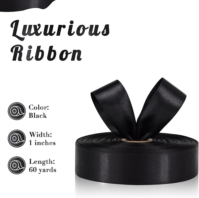 Black Ribbon 1 Inch 60 Yards, Versatile Black Satin Ribbon for Flower Bouquet, Graduation Lei, Crafts, Gift Wrapping, Baby Shower, Halloween and Wedding Decorations