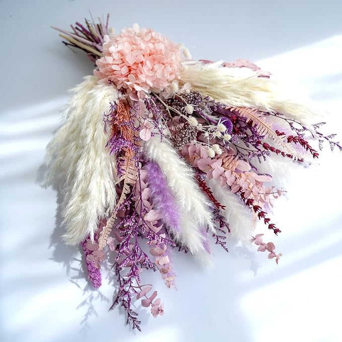 MUYEJI Natural Dried Flowers Pampas Grass Bouquet, Boho Home Table Decor, White & Purple Pampas Grass, Fluffy Dried Flower Arrangement for Table Centerpiece, Home Office Wedding Decorations