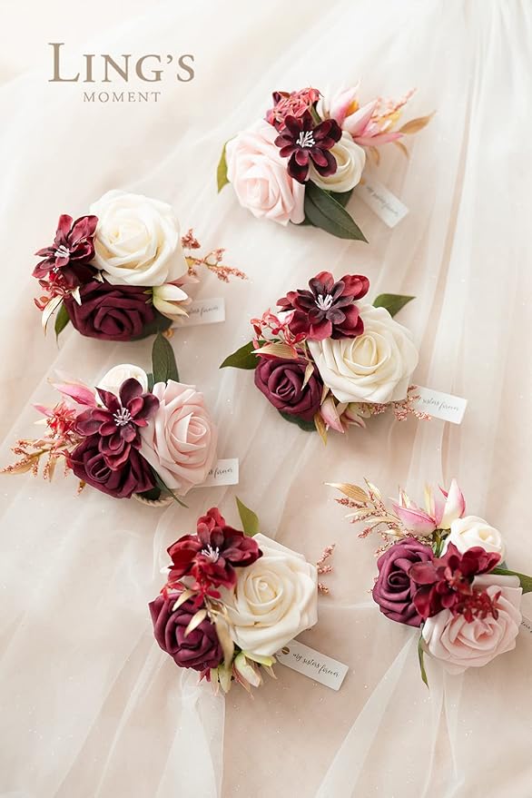 Ling's moment 6pcs Wedding Wrist Corsage Artificial Flowers, Girl/Mother Homecoming Prom Corsages Wristlet Décor, etc. Burgundy Marsala Blush