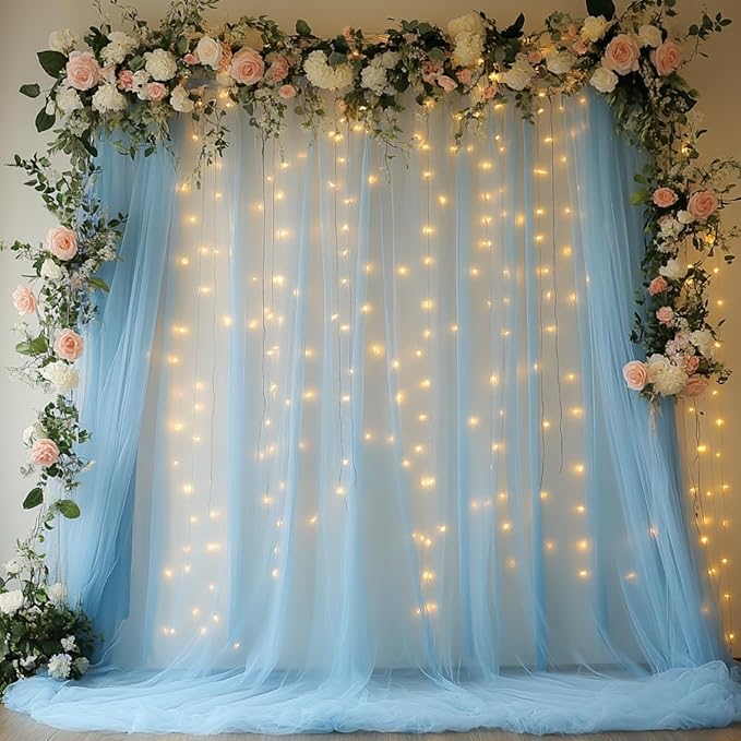 Tulle Curtain Backdrop with 300 LED Fairy Lights for Parites Wrinkle-Free Sheer Curtain Drapes Photo Back Drop for Wedding Baby Shower Bridal Shower Birthday Home Décor - 10ft×10ft, Baby Blue